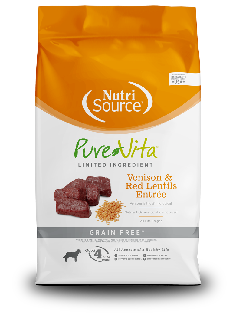 Purevita Venison & Red Lentils for Dogs kibble package featuring grain free ingredients.