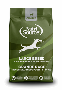 NutriSource Choice Large Breed Chicken Meal & Barley Recipe 40lb dog food bag featuring grain inclusive nutrition.