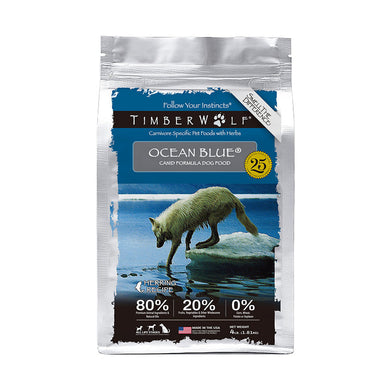 Timberwolf Salmon Ocean Blue Legend for Dogs dry dog food bag with wolf and ocean image.