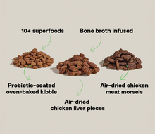Load image into Gallery viewer, Open Farm Epic Chicken &amp; Superfood Blend ingredients: probiotic kibble, air-dried chicken morsels, and chicken liver pieces.