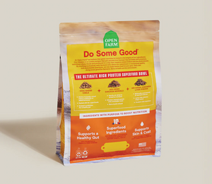 Open Farm Epic Chicken & Superfood Blend dog food bag with high protein and superfood details.