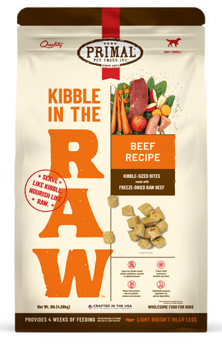 Kibble in the Raw Dog Food Beef Recipe bag, featuring freeze-dried raw beef and fresh ingredients for optimal nutrition.