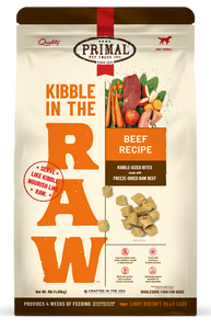 Kibble in the Raw Dog Food Beef Recipe bag, featuring freeze-dried raw beef and fresh ingredients for optimal nutrition.