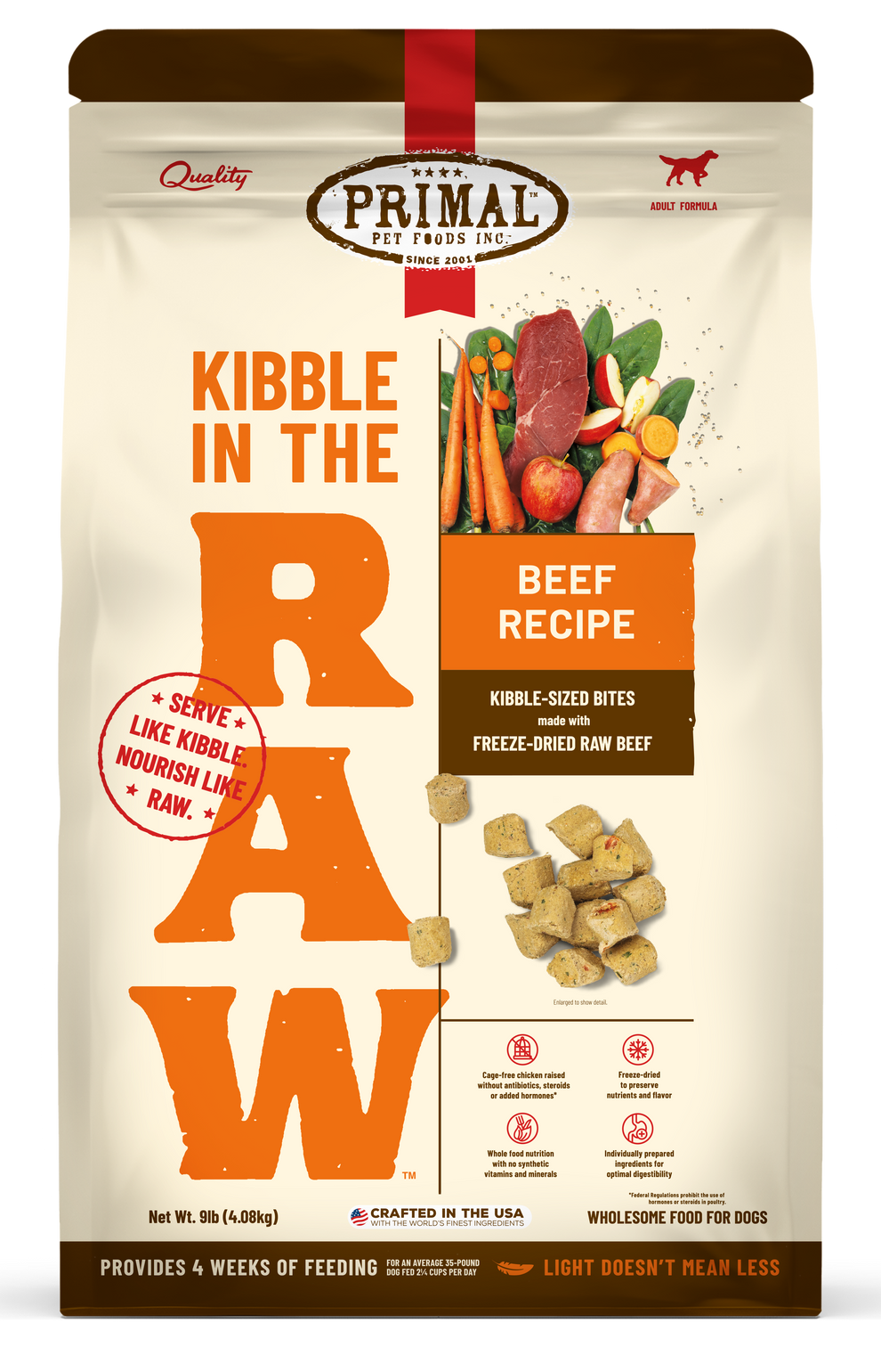 Kibble in the Raw Dog Food Beef Recipe bag, featuring freeze-dried raw beef and fresh ingredients for optimal nutrition.