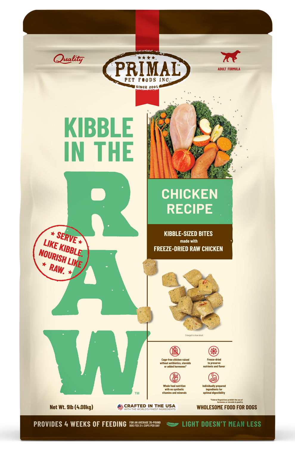 Kibble in the Raw Chicken Recipe dog food bag featuring freeze-dried raw chicken and fresh ingredients.