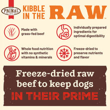 Load image into Gallery viewer, Kibble in the Raw dog food benefits: grass-fed beef, optimal digestibility, whole food nutrition, freeze-dried for flavor.