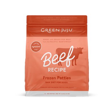 Green Juju Frozen Raw Beef Dog Food Packaging with Grass-Fed Beef from the Pacific Northwest, Limited-Ingredient Diet