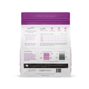 Green Juju Frozen Raw Goat product packaging, showing ingredients, feeding instructions, and nutritional information.