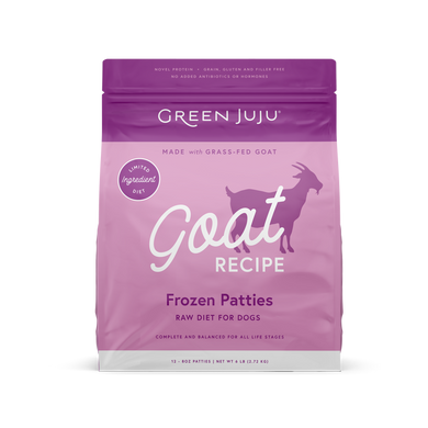 Green Juju Frozen Raw Goat, limited-ingredient diet for dogs, grass-fed goat, organ-rich formula, complete and balanced nutrition.