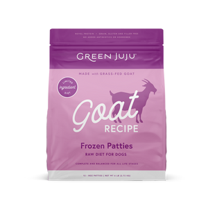 Green Juju Frozen Raw Goat, limited-ingredient diet for dogs, grass-fed goat, organ-rich formula, complete and balanced nutrition.