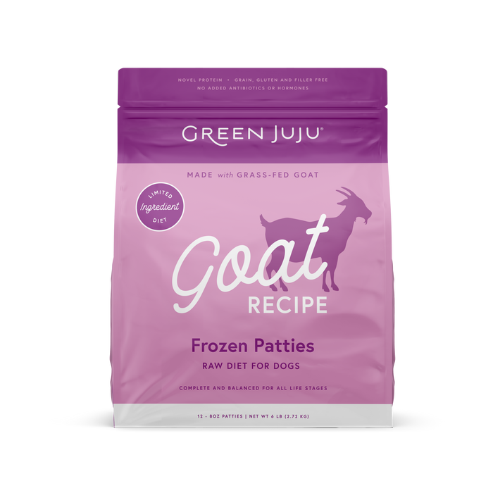 Green Juju Frozen Raw Goat, limited-ingredient diet for dogs, grass-fed goat, organ-rich formula, complete and balanced nutrition.