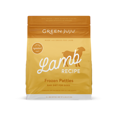 Green Juju Frozen Raw Lamb Recipe for Dogs in Yellow Packaging