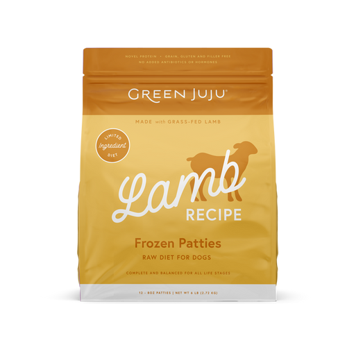 Green Juju Frozen Raw Lamb Recipe for Dogs in Yellow Packaging