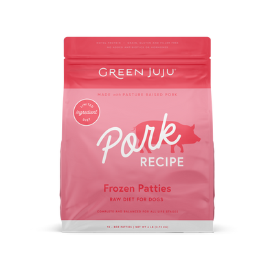 Green Juju Frozen Raw Pork Recipe for Dogs, Limited-Ingredient, Pasture Raised, Complete and Balanced Diet.