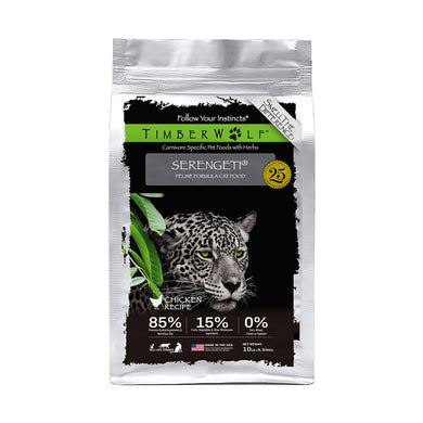 Timberwolf Serengeti Chicken for Cats, high protein feline food with chicken and herbs in a silver bag.