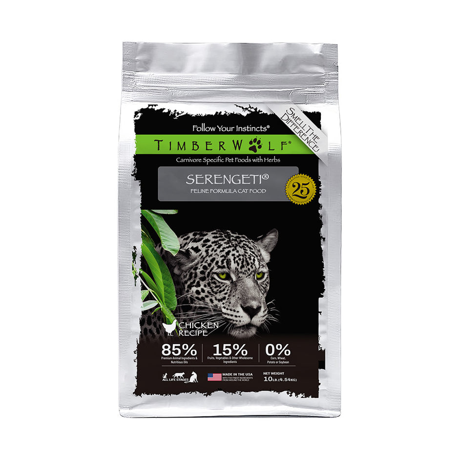 Timberwolf Serengeti Chicken for Cats, high protein feline food with chicken and herbs in a silver bag.
