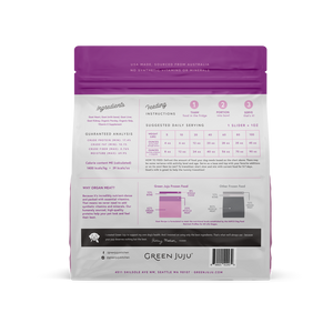 Back of Green Juju Frozen Raw Goat package showing feeding instructions, guaranteed analysis, and product information.