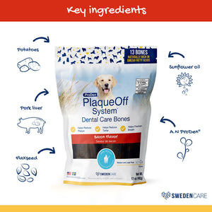 Package of ProDen PlaqueOff System Dental Care Bones with key ingredients like potatoes, sunflower oil, pork liver, flaxseed, and A.N ProDen.