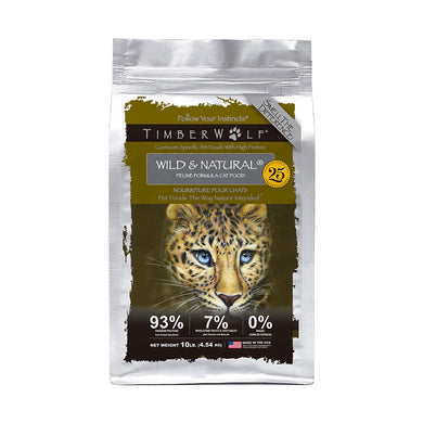 Timberwolf Wild & Natural Chicken for Cats packaging featuring high protein ingredients and wild cat image.