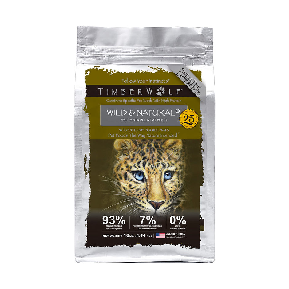 Timberwolf Wild & Natural Chicken for Cats packaging featuring high protein ingredients and wild cat image.