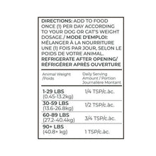 Load image into Gallery viewer, Adored Beast Love Bugs probiotics dosage instructions for dogs and cats based on weight.