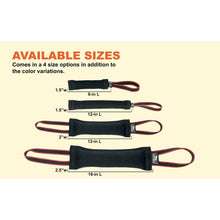 Load image into Gallery viewer, Available sizes of Viper French Linen Tug Dog Toy, including 1.5&quot;W, 2&quot;W, 8-in L, 12-in L, and 16-in L options.