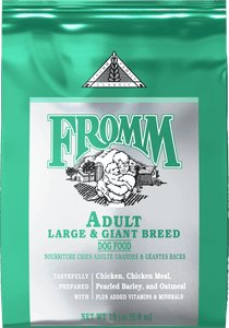 Fromm Classic Large Breed Adult Dog Food package, featuring chicken, chicken meal, pearled barley, and oatmeal.