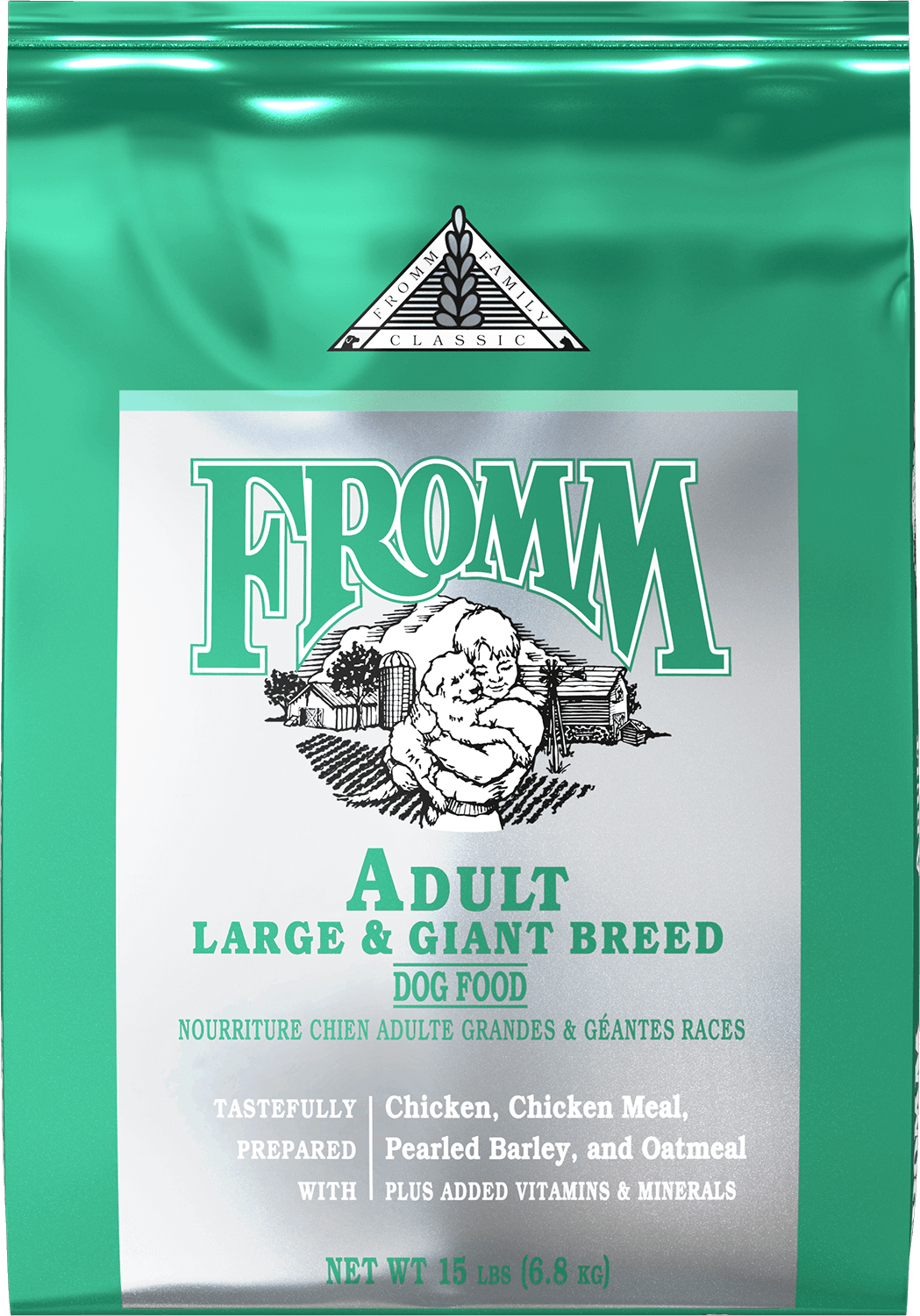 Fromm Classic Large Breed Adult Dog Food package, featuring chicken, chicken meal, pearled barley, and oatmeal.