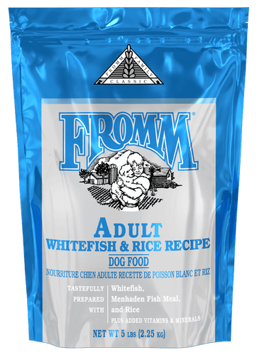 Fromm Classic Adult Whitefish and Rice Recipe dog food bag, 5 lbs, nutritious for active adult dogs.