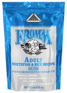 Fromm Classic Adult Whitefish and Rice Recipe dog food bag, 5 lbs, nutritious for active adult dogs.