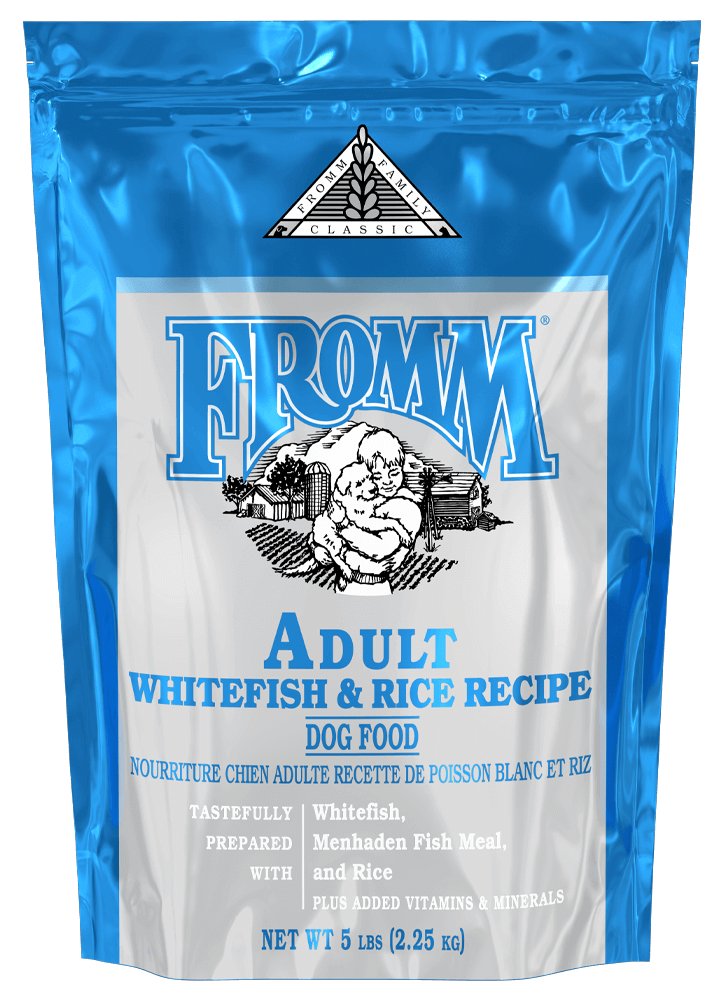 Fromm Classic Adult Whitefish and Rice Recipe dog food bag, 5 lbs, nutritious for active adult dogs.