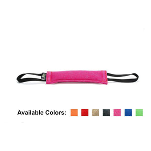 Viper French Linen Tug Dog Toy in pink color with black handles and available in various colors.