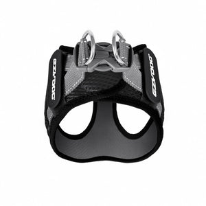 Ezydog FormFit Harness (Black) top view showing adjustable mesh design and stainless steel D-rings for leash attachment.