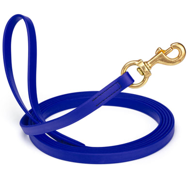 Viper Biothane 20 ft Dog Leash - Long Line Lead in blue with a golden clip for durability and strength.