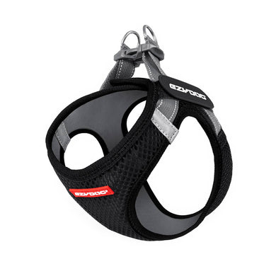 Ezydog FormFit Harness (Black) designed for small dogs, adjustable mesh harness with reflective trims and stainless steel D-rings.