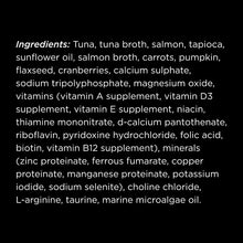 Load image into Gallery viewer, Ingredients list for Go! Cat Booster Pouches 2.5oz including tuna, salmon, and various vitamins.