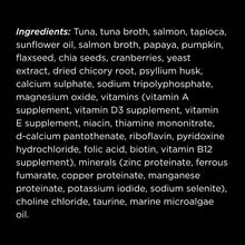 Load image into Gallery viewer, Ingredients for Go! Cat Booster Pouches 2.5oz including tuna, salmon, papaya, and vitamins.