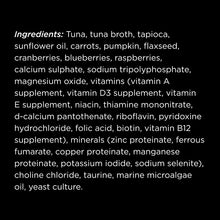 Load image into Gallery viewer, Ingredients list for Go! Cat Booster Pouches 2.5oz including tuna, broth, and various vitamins.