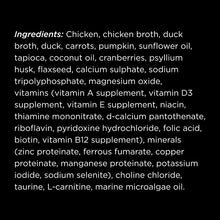 Load image into Gallery viewer, Ingredients for Go! Cat Booster Pouches 2.5oz including chicken, duck, carrots, and various vitamins.