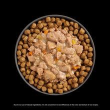 Load image into Gallery viewer, Delicious Go! Cat Booster Pouches 2.5oz served over crunchy cat kibble for enhanced flavor and moisture.