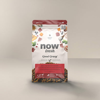 Petcurean NOW! Fresh Good Gravy Beef Coated in Bone Broth for Dogs, premium dog food packaging.