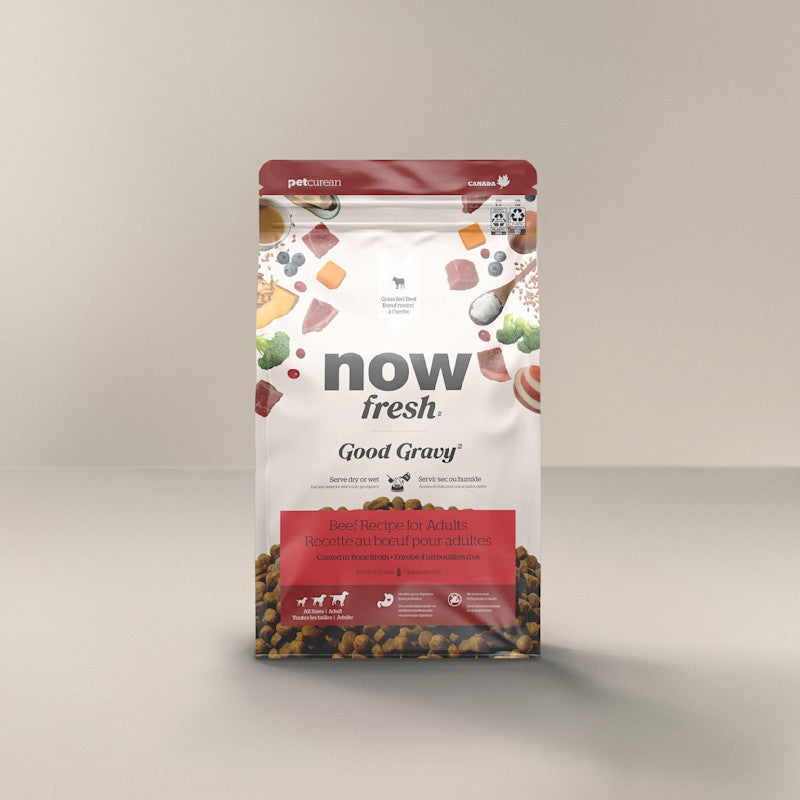 Petcurean NOW! Fresh Good Gravy Beef Coated in Bone Broth for Dogs, premium dog food packaging.