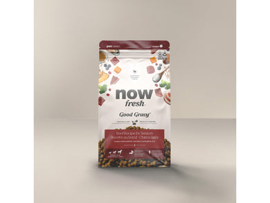 Petcurean NOW! Fresh Good Gravy Beef Coated in Bone Broth for Senior Dogs bag with colorful ingredients.