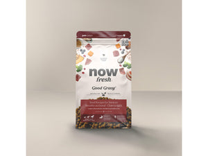 Petcurean NOW! Fresh Good Gravy Beef Coated in Bone Broth for Senior Dogs bag with colorful ingredients.