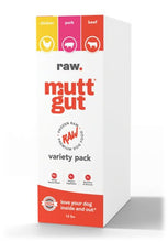 Load image into Gallery viewer, Mutt Gut variety pack of raw dog food microbiome, featuring chicken, pork, and beef options for healthy digestion.