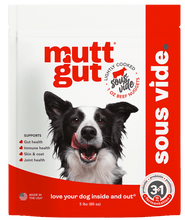 Load image into Gallery viewer, Mutt gut microbiome dog food packaging showing sous vide beef nuggets for gut and skin health.