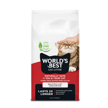 Load image into Gallery viewer, World's Best Cat Litter bag featuring a cat and claims of odor control and natural ingredients.