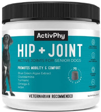 Load image into Gallery viewer, ActivPhy Hip + Joint supplement for senior dogs promoting mobility and comfort, 75 soft chews, veterinarian recommended.