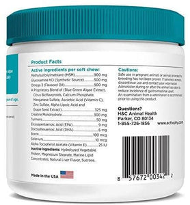 Ingredient label of ActivPhy Hip + Joint Supplement for senior dogs, showcasing active components for mobility support.