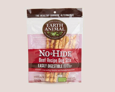 Earth Animal No-Hide Beef Recipe Dog Stix, a healthy rawhide alternative for long-lasting, easily digestible pet enjoyment.